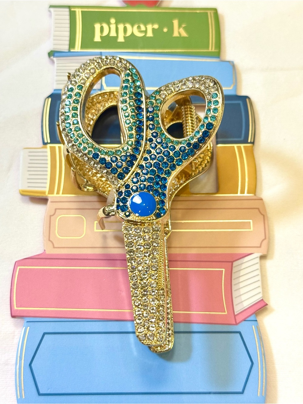 Piper K Gold Toned Scissors Hair Claw Clip w/ Blue & Clear Rhinestones - Picture 2 of 4